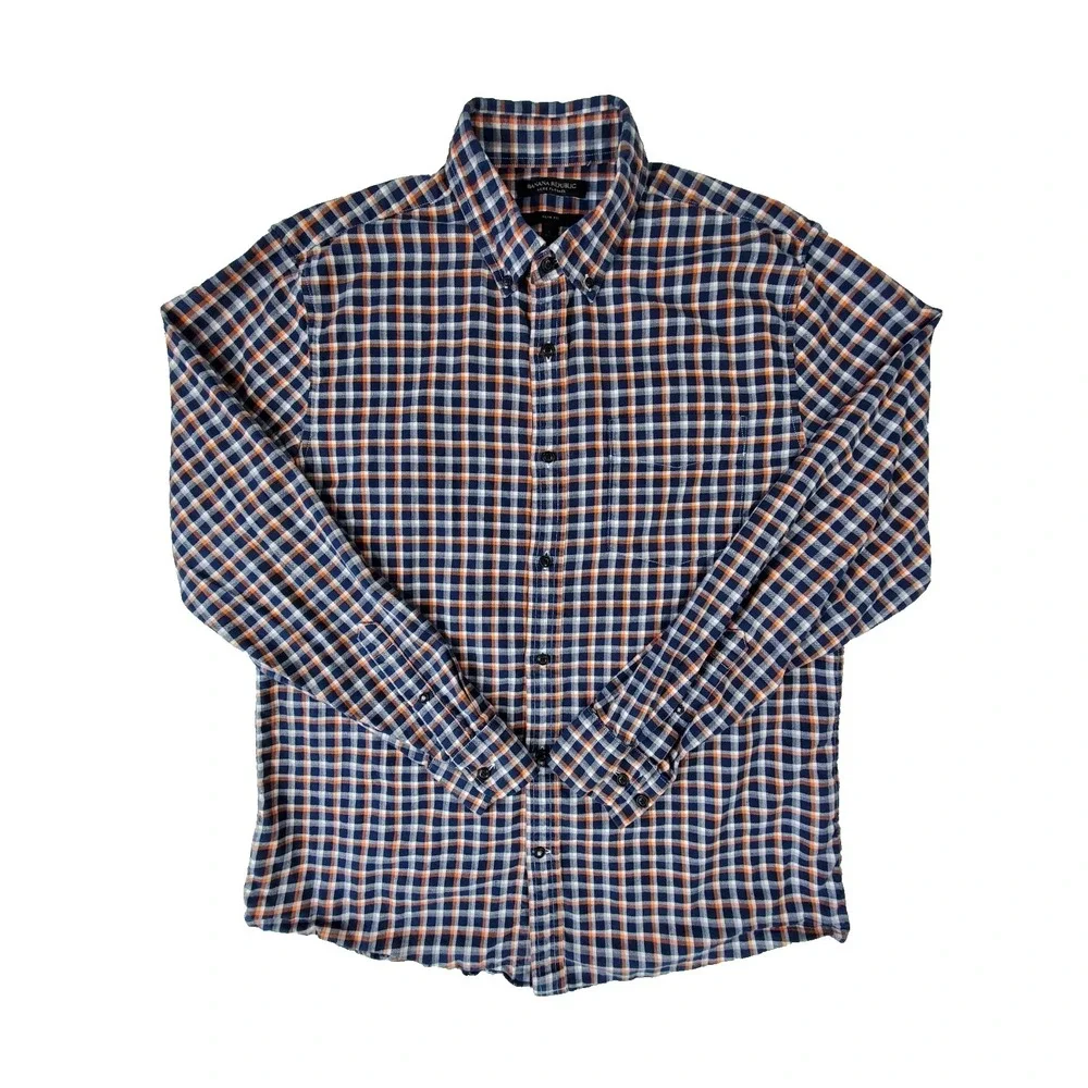Banana Republic‎ Luxe Flannel Slim Fit Plaid Button Down Shirt Men's Large